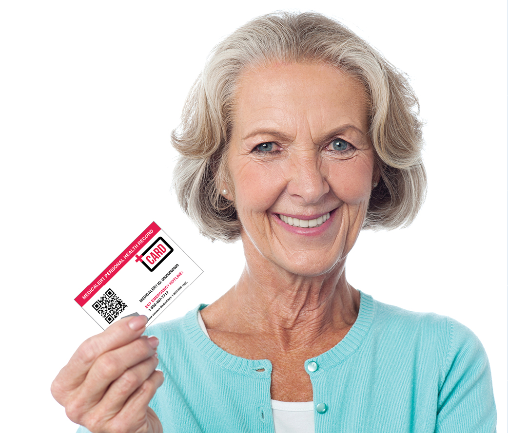 Woman holding MedicAlert's new plus card