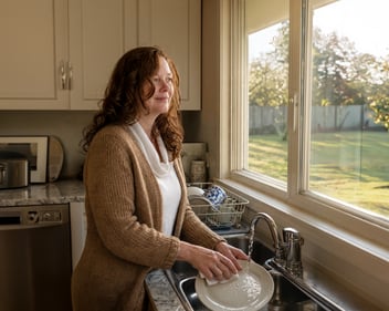 Ginger Major at home, where she manages daily life with multiple chemical sensitivity and depends on MedicAlert for emergency safety.